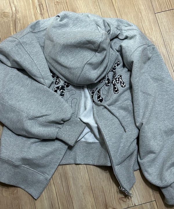 MUSINSA | MOO Leopard Applique Hoodie Zip-Up - Gray