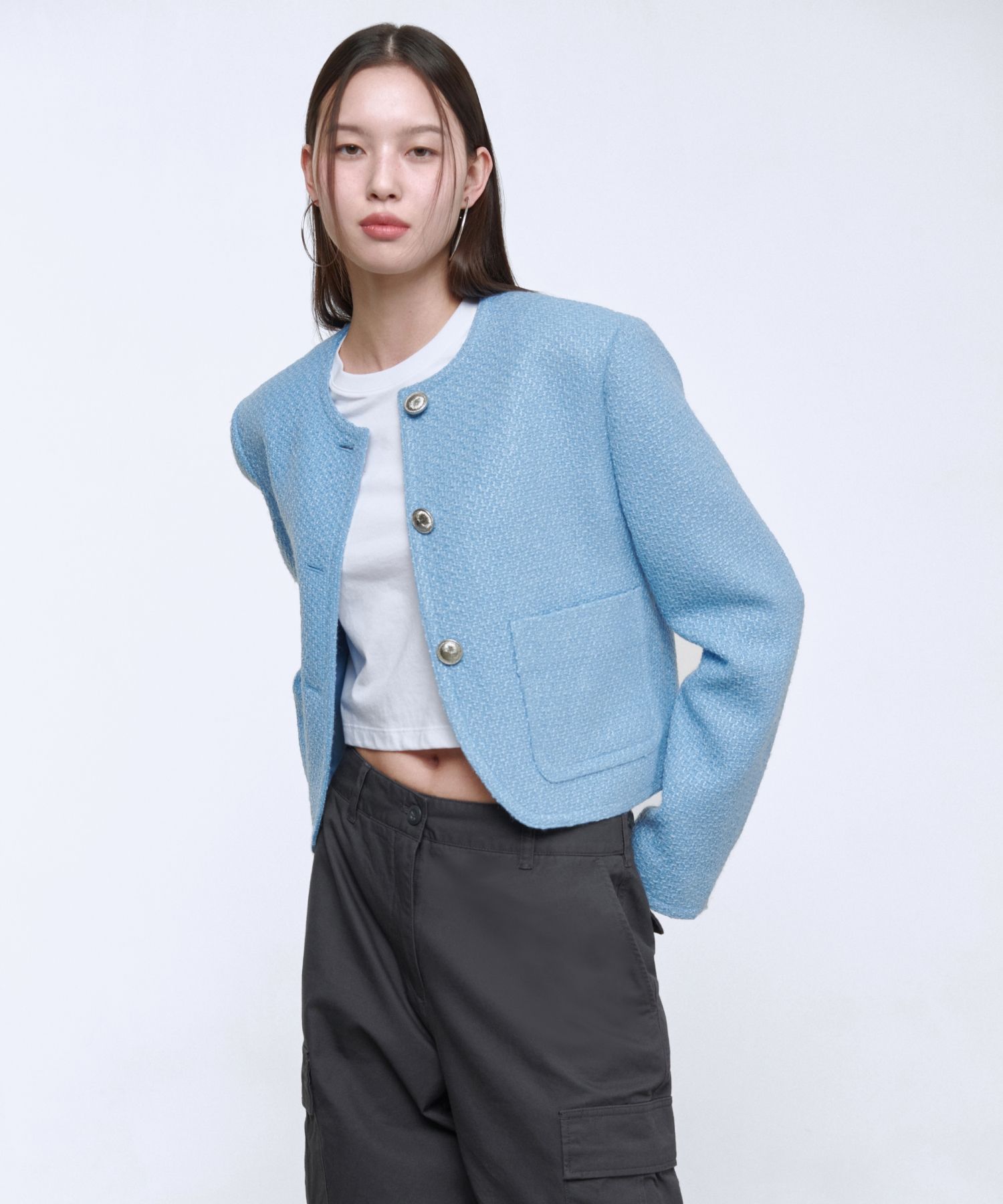 MUSINSA | MUSINSA STANDARD WOMAN Womens Round Neck Tweed Jacket [Blue]