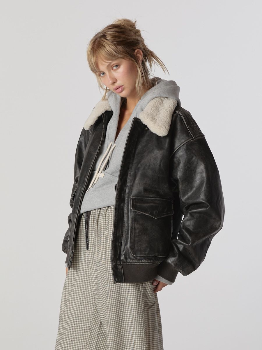 MUSINSA公式 | GLOWNY AIR FORCE LEATHER JACKET (WASHED BLACK)