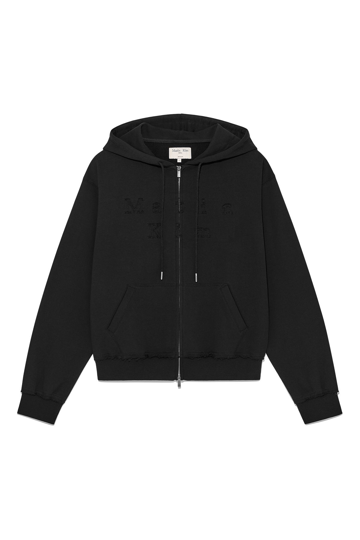 MUSINSA公式 | MATIN KIM APPLIQUE CUTTED LOGO HOODY ZIP UP IN BLACK