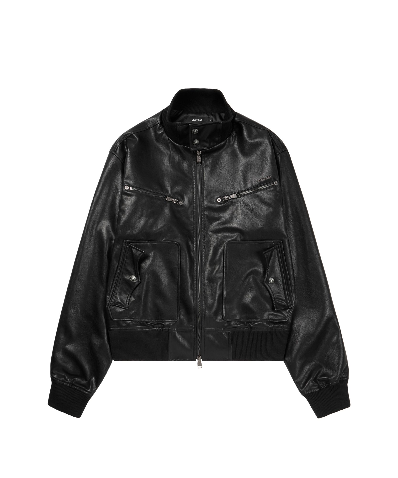 MUSINSA | AAKAM High-Neck Leather Jacket (Black)