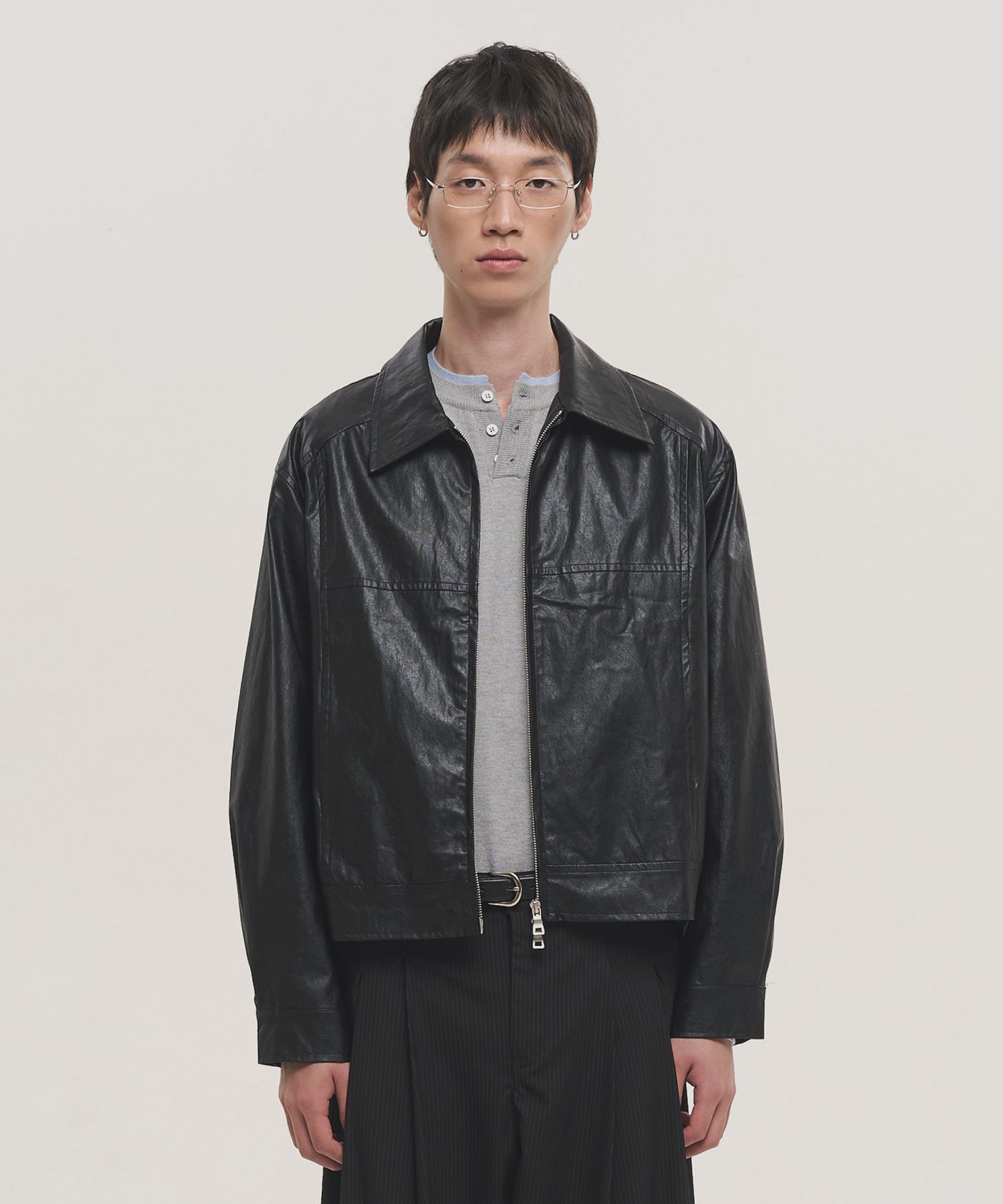 MUSINSA | NOISE Synthetic Leather Two-Way Single Jacket - Black