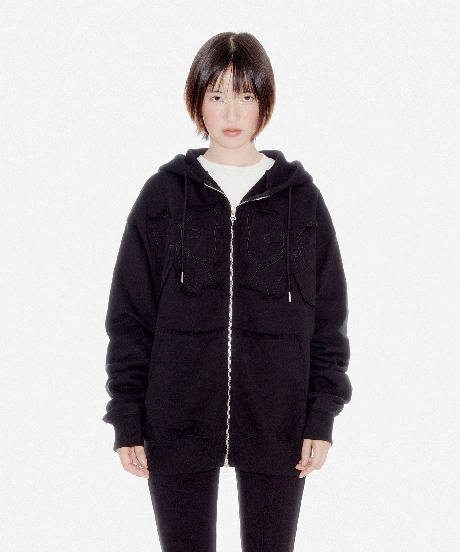 MUSINSA公式 | YOUHEE YOUHEE RIBBON HOOD ZIP-UP BLACK