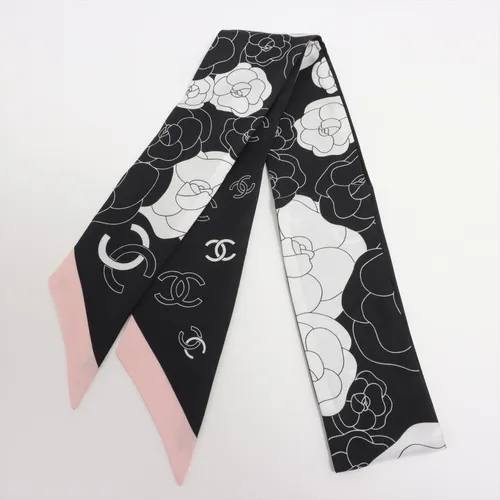 シャネル ココマーク カメリア シルク スカーフ ブラック×ホワイト