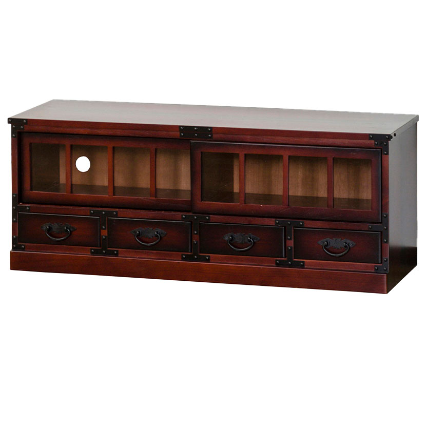 送料無料】 民芸調 ローボード テレビ台 収納棚 引き戸 引き出し 和風