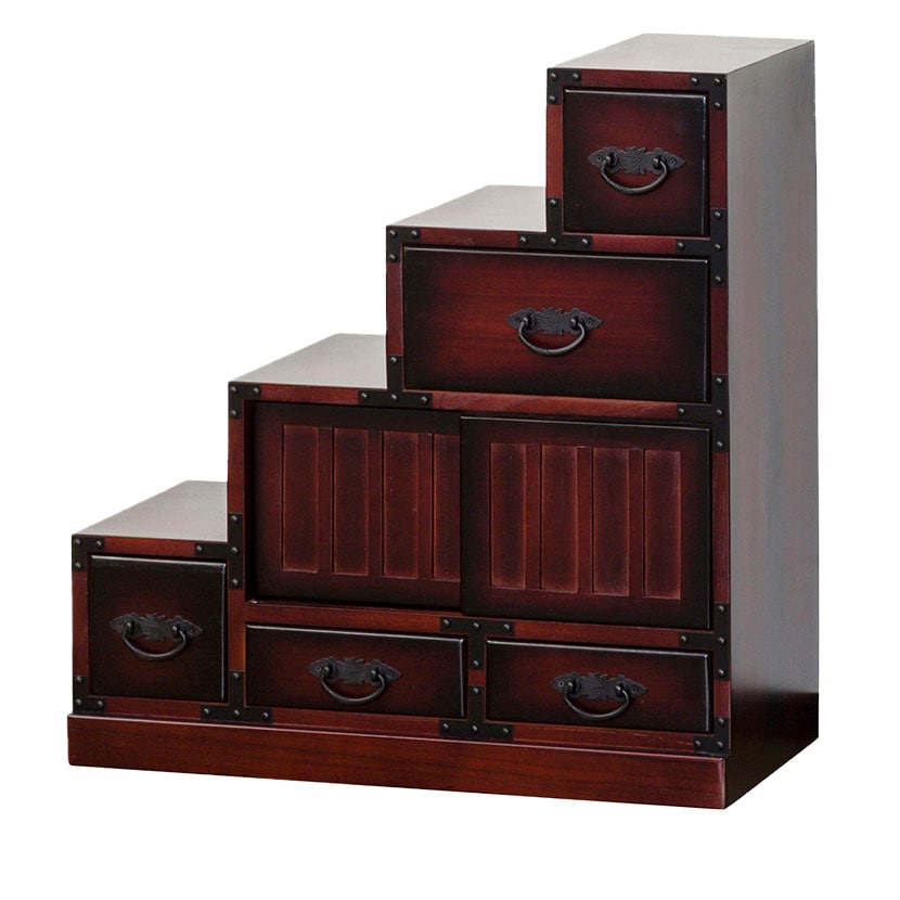 送料無料】 民芸調 階段箪笥 左下がり 和タンス 収納棚 引き出し