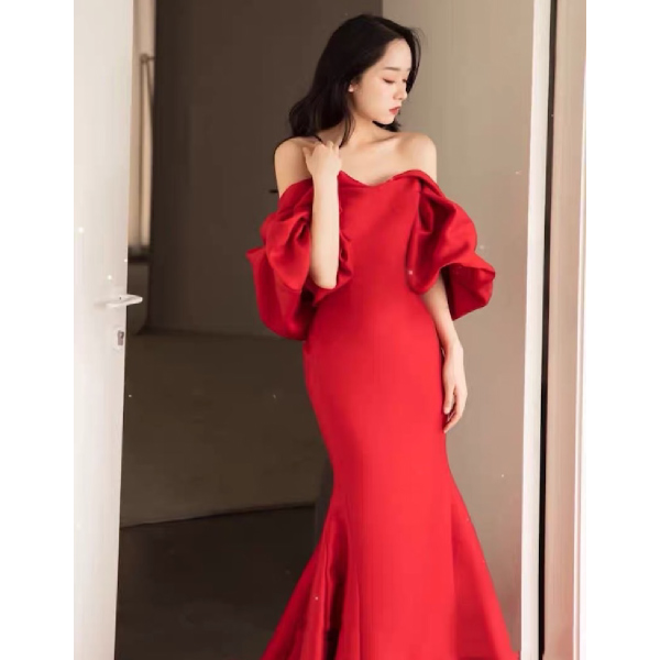 送料無料】モードカラー:赤サテンマーメイドドレス |ウェディング