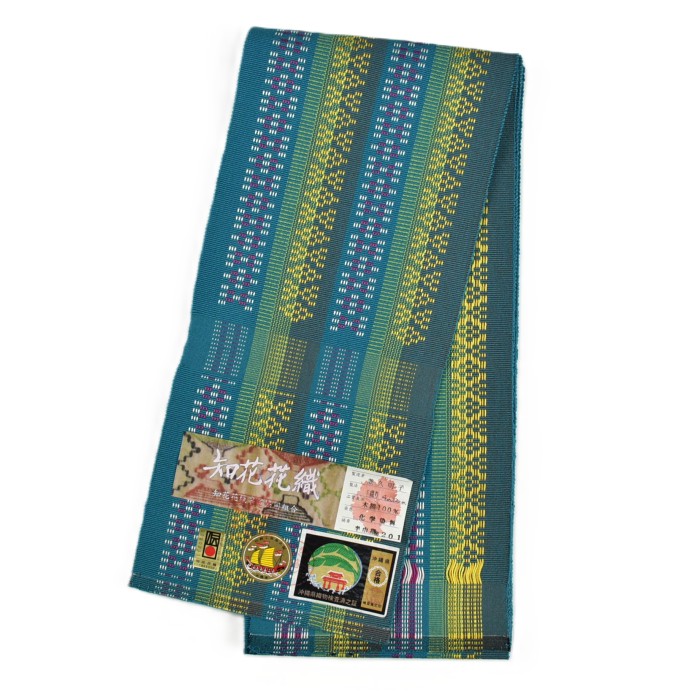 知花花織 半幅帯 青緑×黄｜沖縄の伝統織物 花織 帯 | hanaito