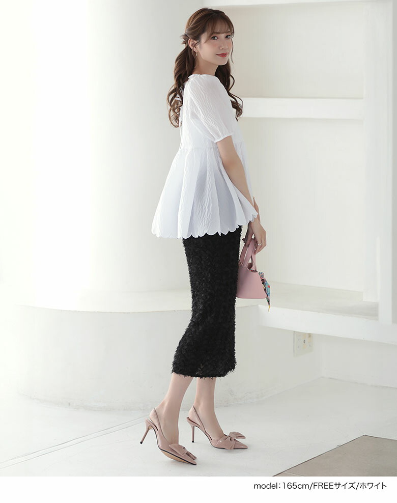 裾スカラップジャガードブラウス 裾フレア ペプラム スカラップ