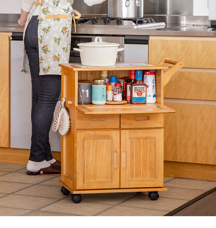 天然木フラップ式キッチン収納ワゴン キッチンラック キッチンワゴン