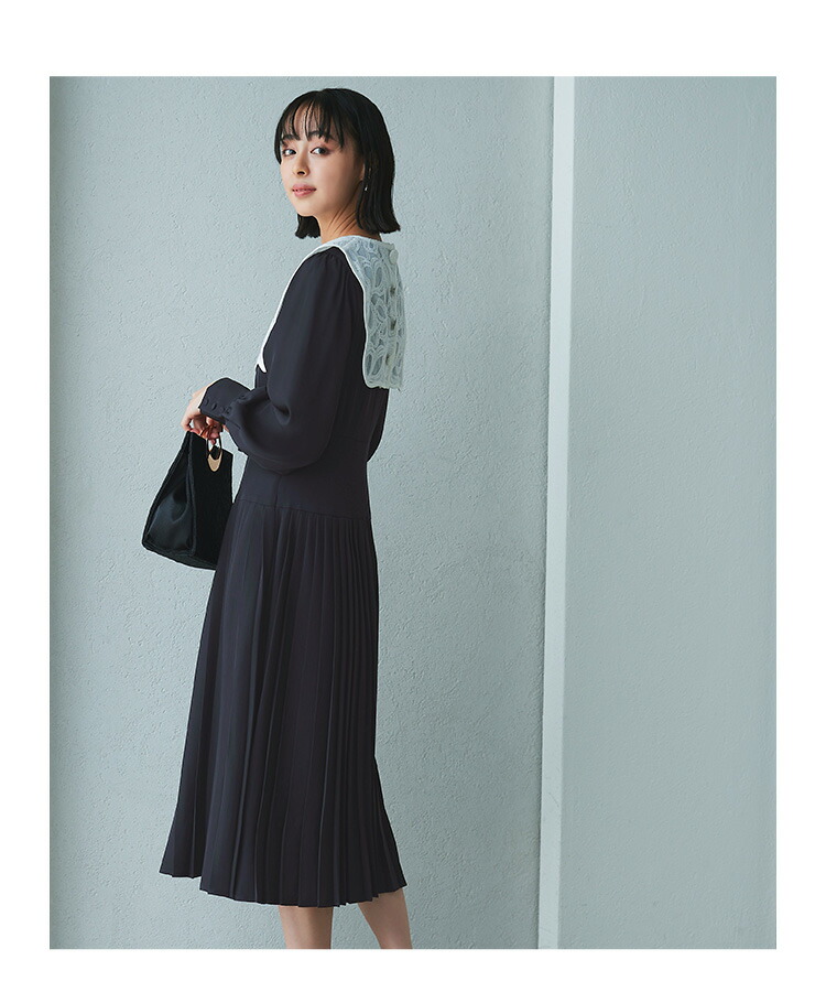 レースアタッチドカラープリーツワンピースドレス「U1188」