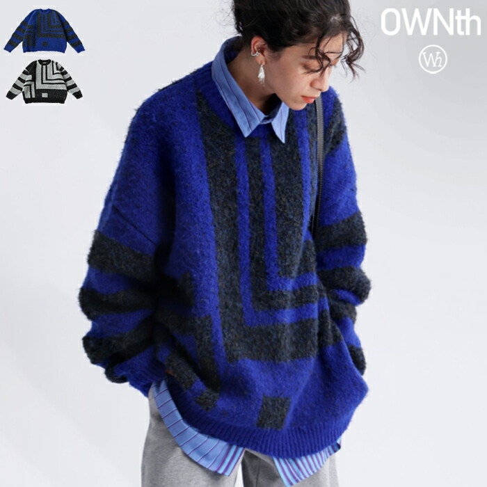 幾何学柄 モヘアタッチニット ユニセックス 長袖 トップス 送料無料