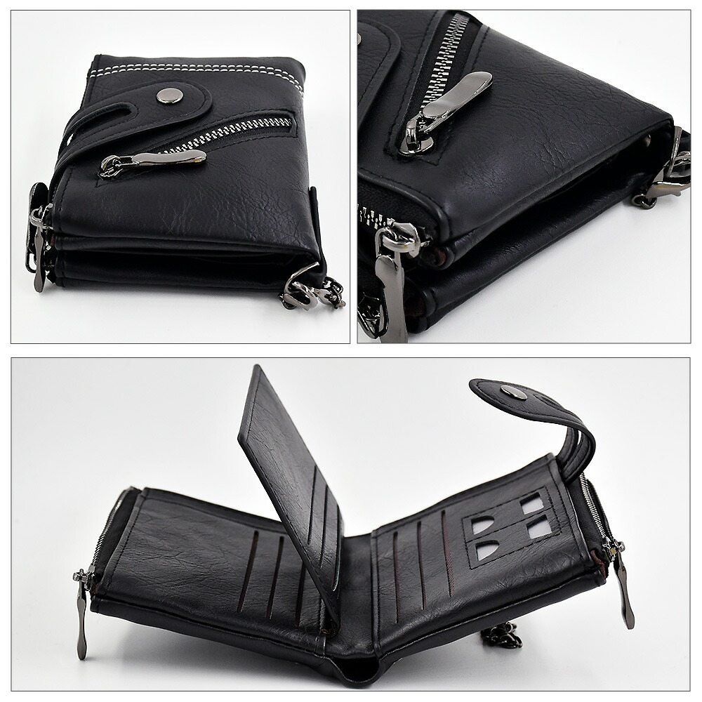 楽天市場】レザー 二つ折り財布 黒 ウォレットチェーン付き ブラック 2