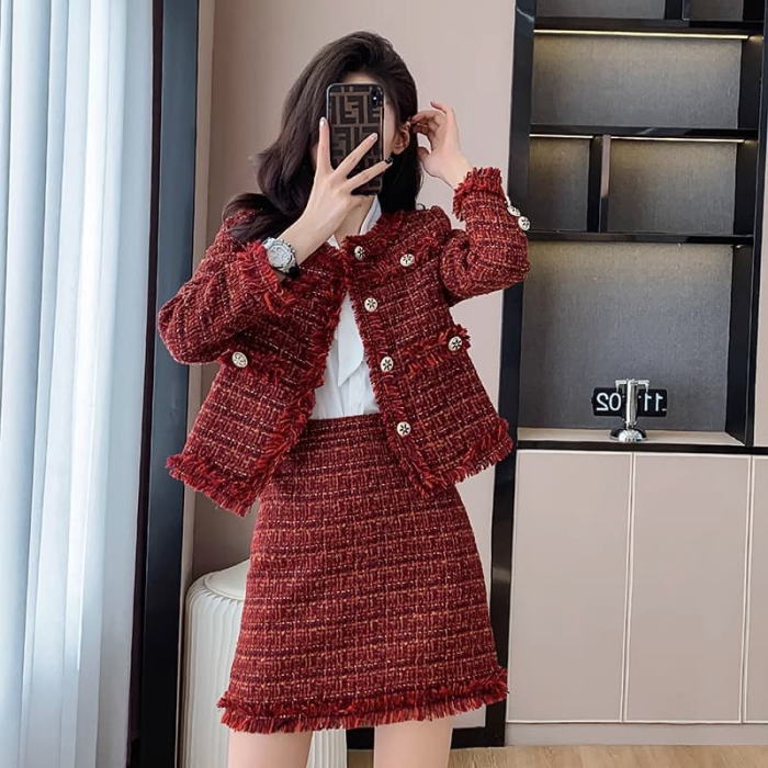 楽天市場】スカートセットアップ ノーカラー ツイード ボタン 長袖