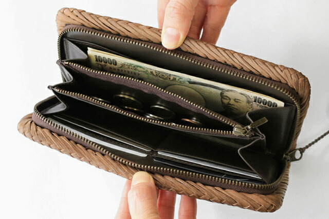 やまぶどう長財布(国産材/市松編み/内側本革)(約)幅21×高さ11×マチ4cm