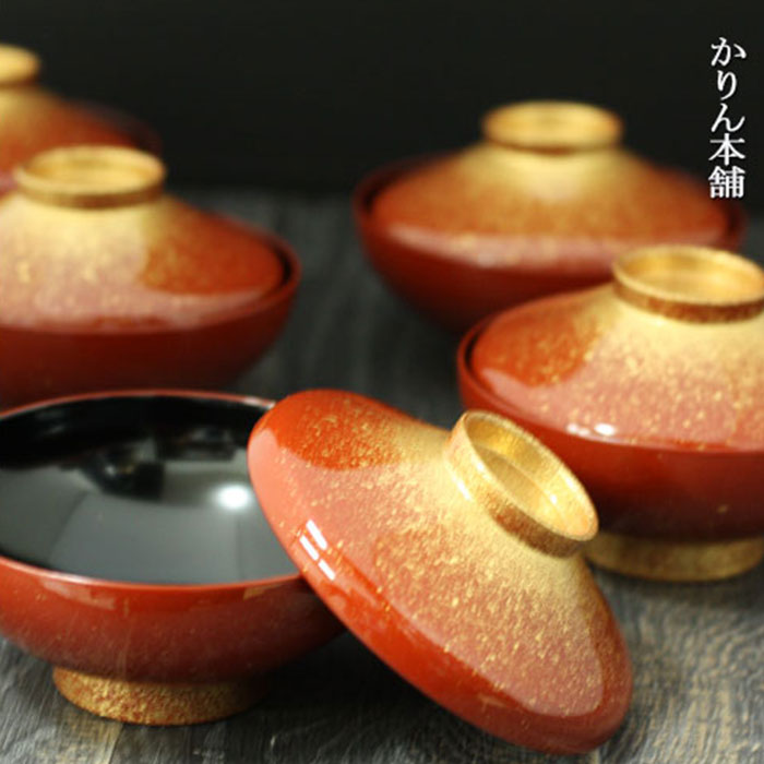 楽天市場】送料無料 お椀 フタ付き汁椀 5客セット 朱 金散らし 40平