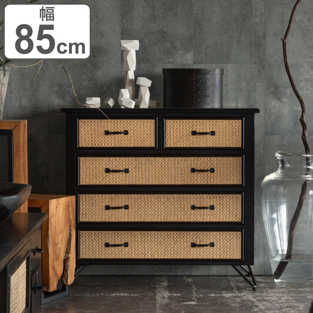 楽天市場】チェスト 4段5杯 エスニック調 ラタン張り 幅80cm （ 収納