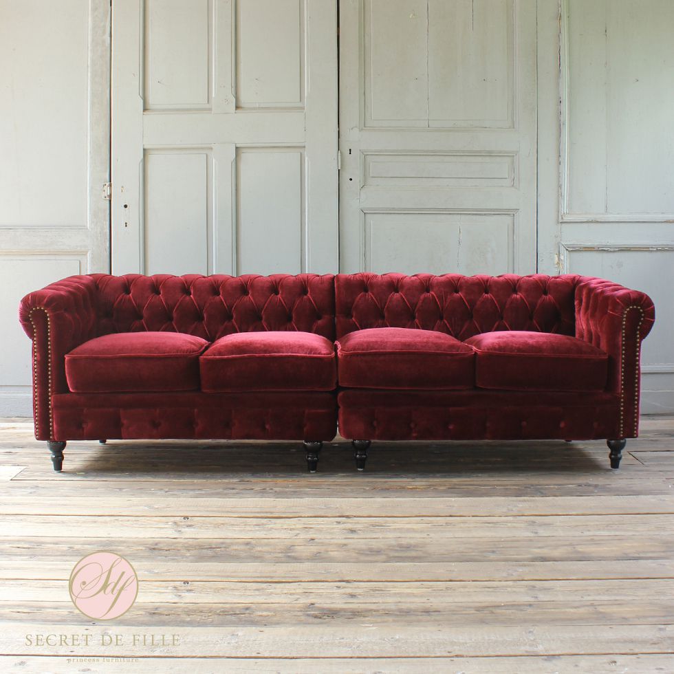 ヴィンセント チェスターフィールドソファ 4人掛け レッドベルベット
