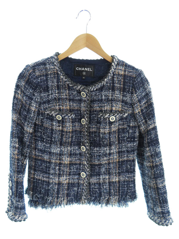 CHANEL】シャネル『ラメツイードジャケット ノーカラーsize34
