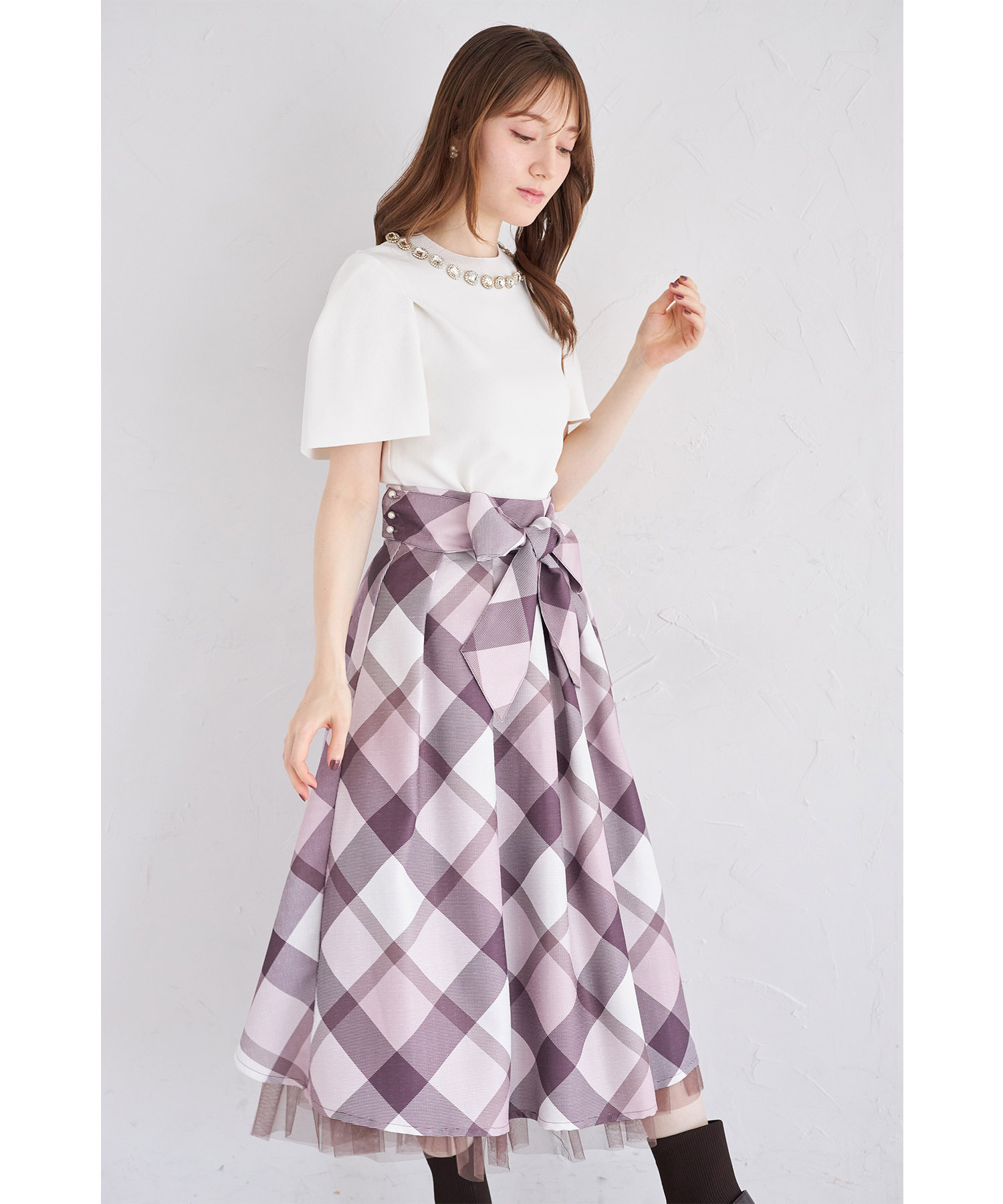 3WAYリボン付き後ろチュールフリル切り替えチェックプリント