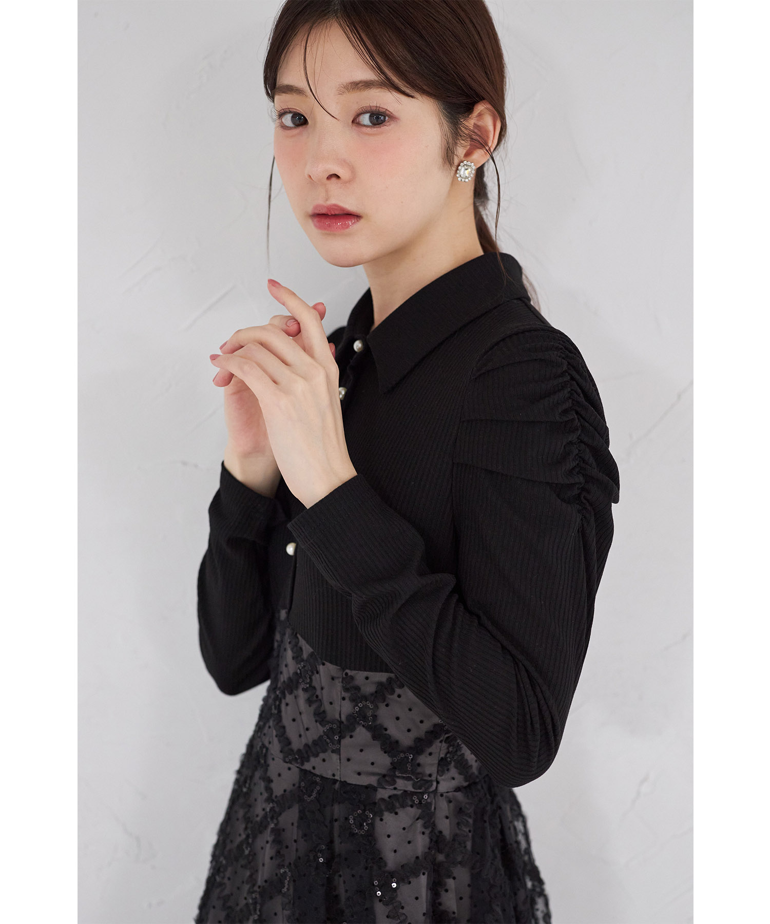 スパンコールフリルドットチュールドッキングシャツワンピース