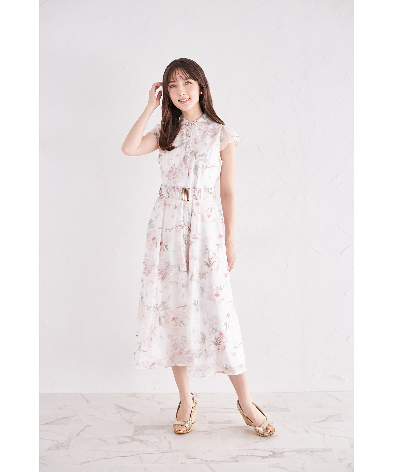 ベルト付き水彩シアーフラワープリントシャツワンピース