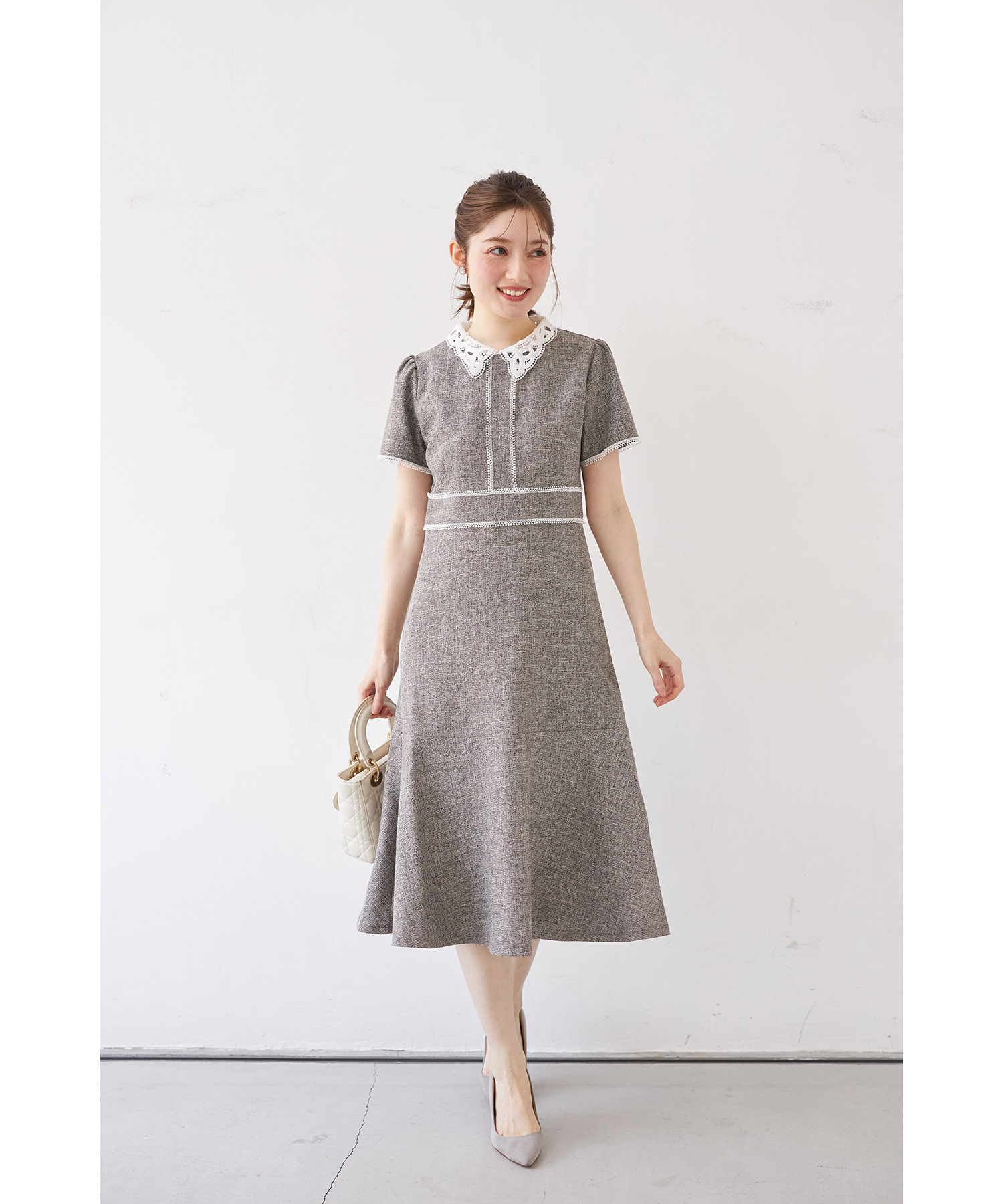 2WAYレース襟付き配色サマーツイードワンピース