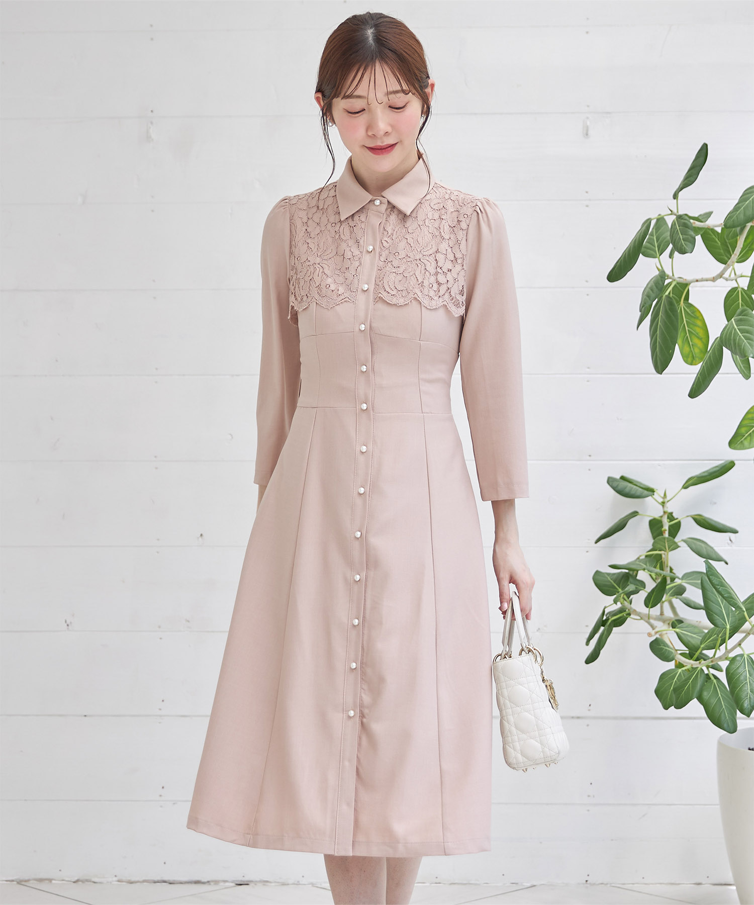 ヨークレース切り替えバックレースアップシャツワンピース