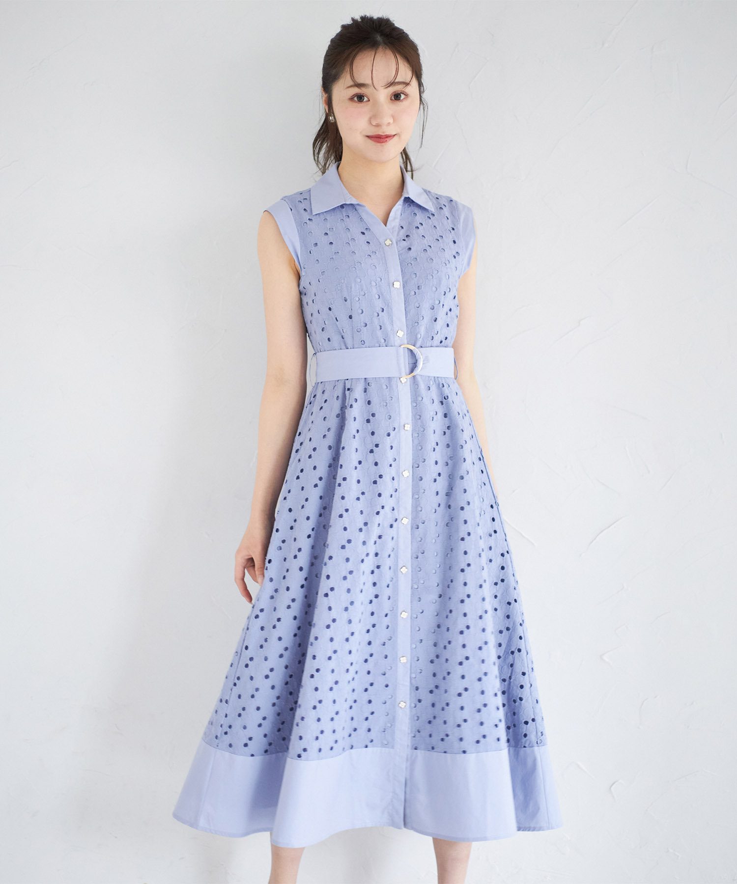 ベルト付き花釦フラワーコットンレースシャツワンピース