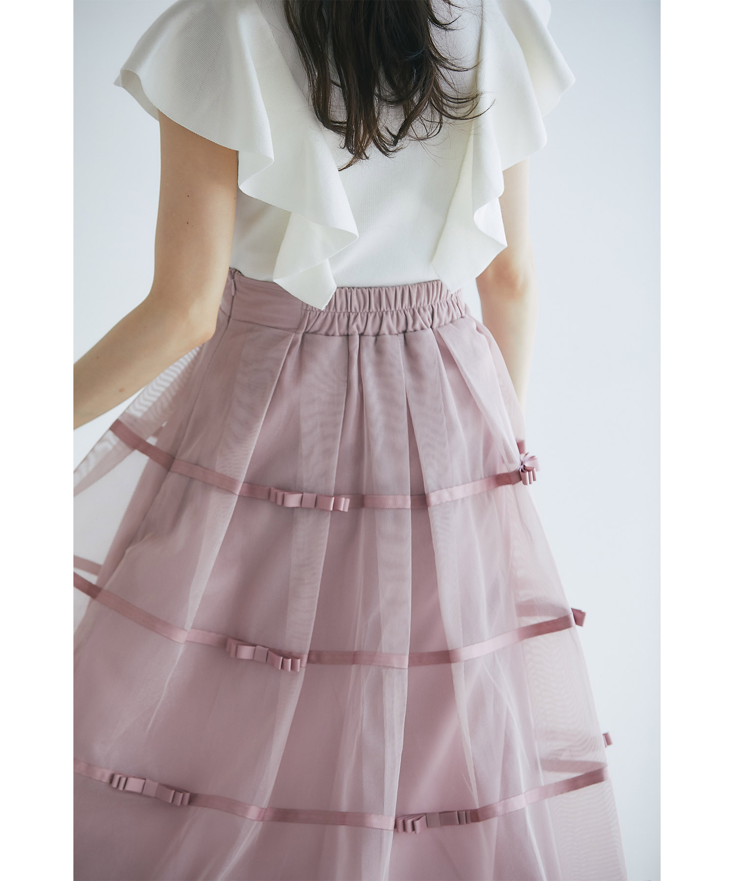 デコレーションリボンメッシュタックフレアスカート