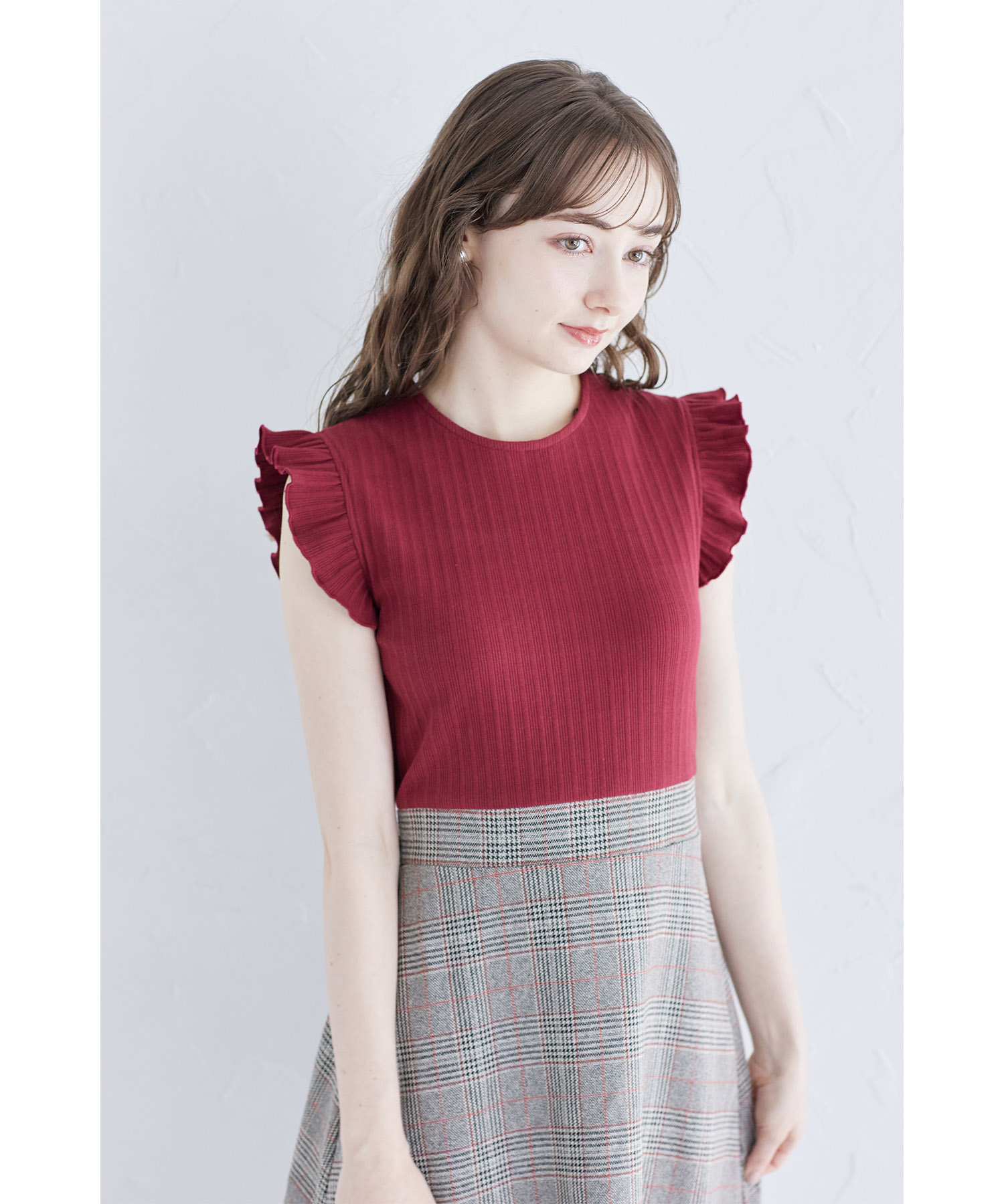 2WAYレース襟付きウエストりぼんチェックドッキングワンピース