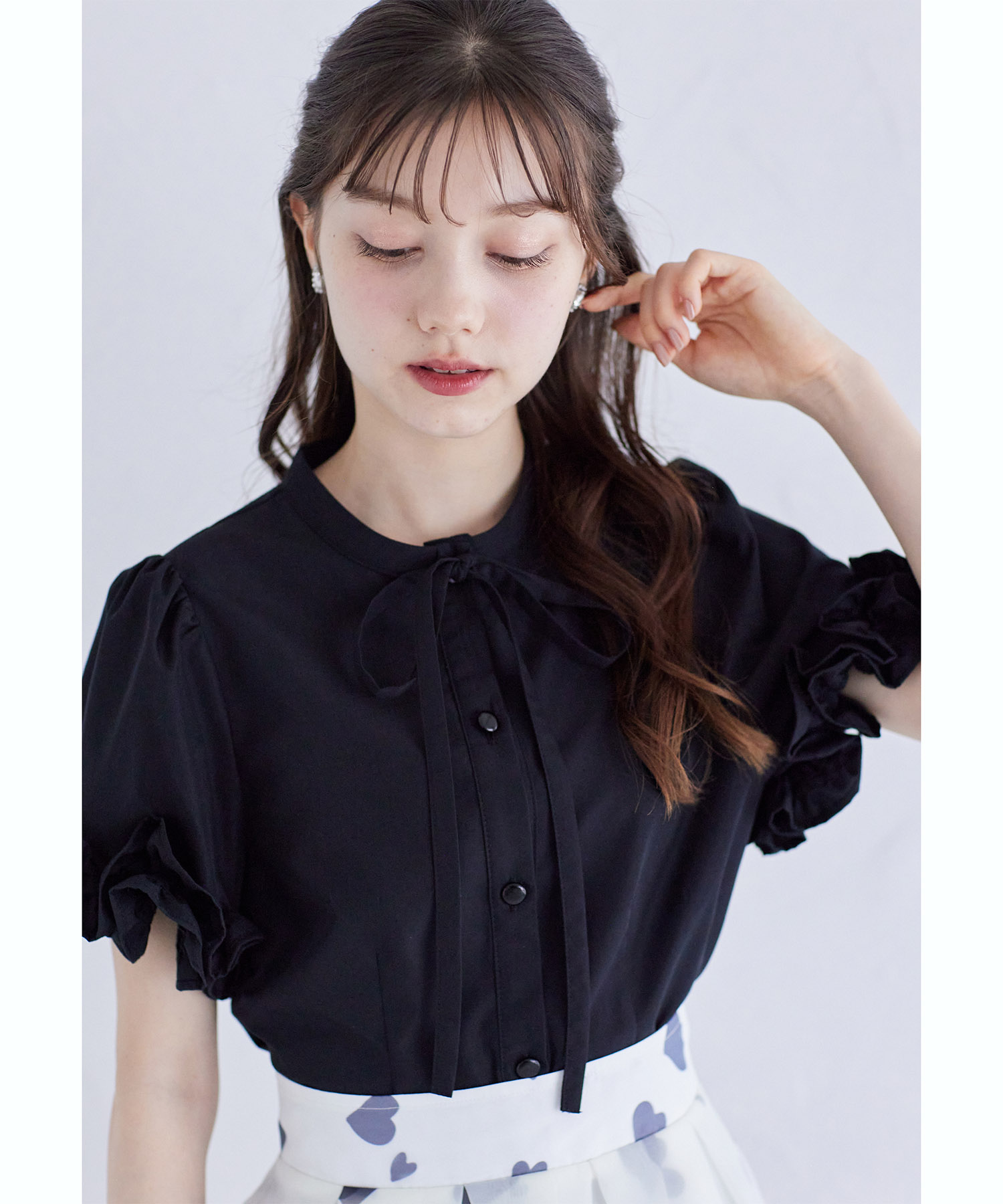 コットンライクホイップフリルボウタイリボンブラウス