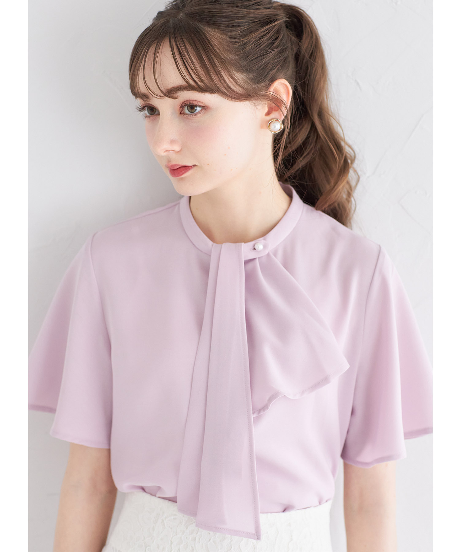 2WAYボウタイ付きフレアスリーブブラウス