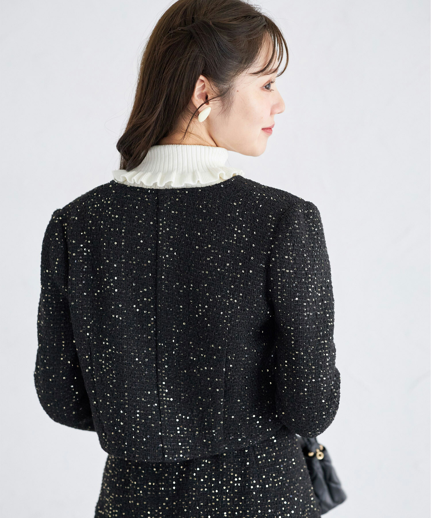 多種飾り釦スパンコールツイードショートジャケット