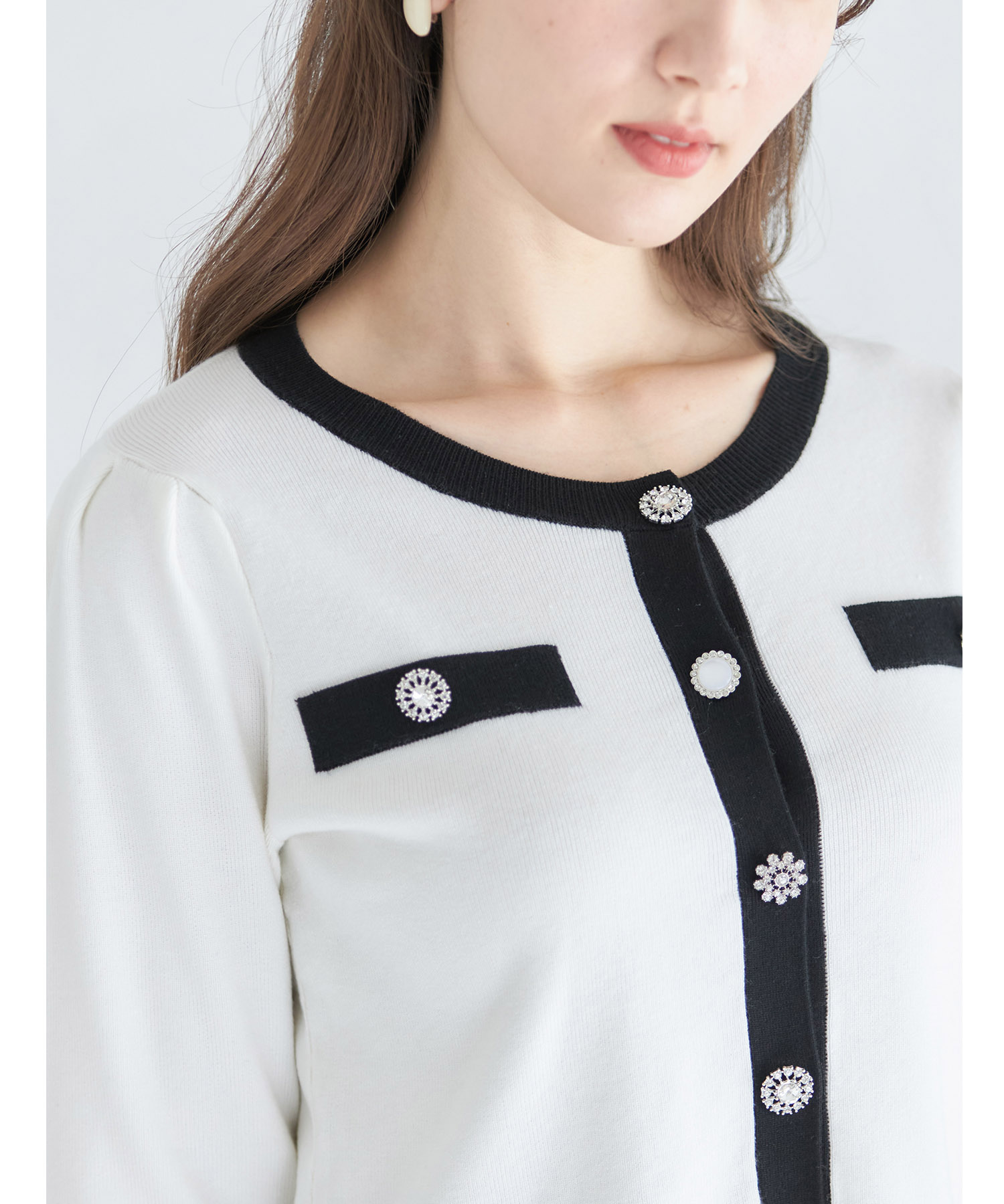 ビジュー装飾バイカラーニットジャケットライクカーディガン