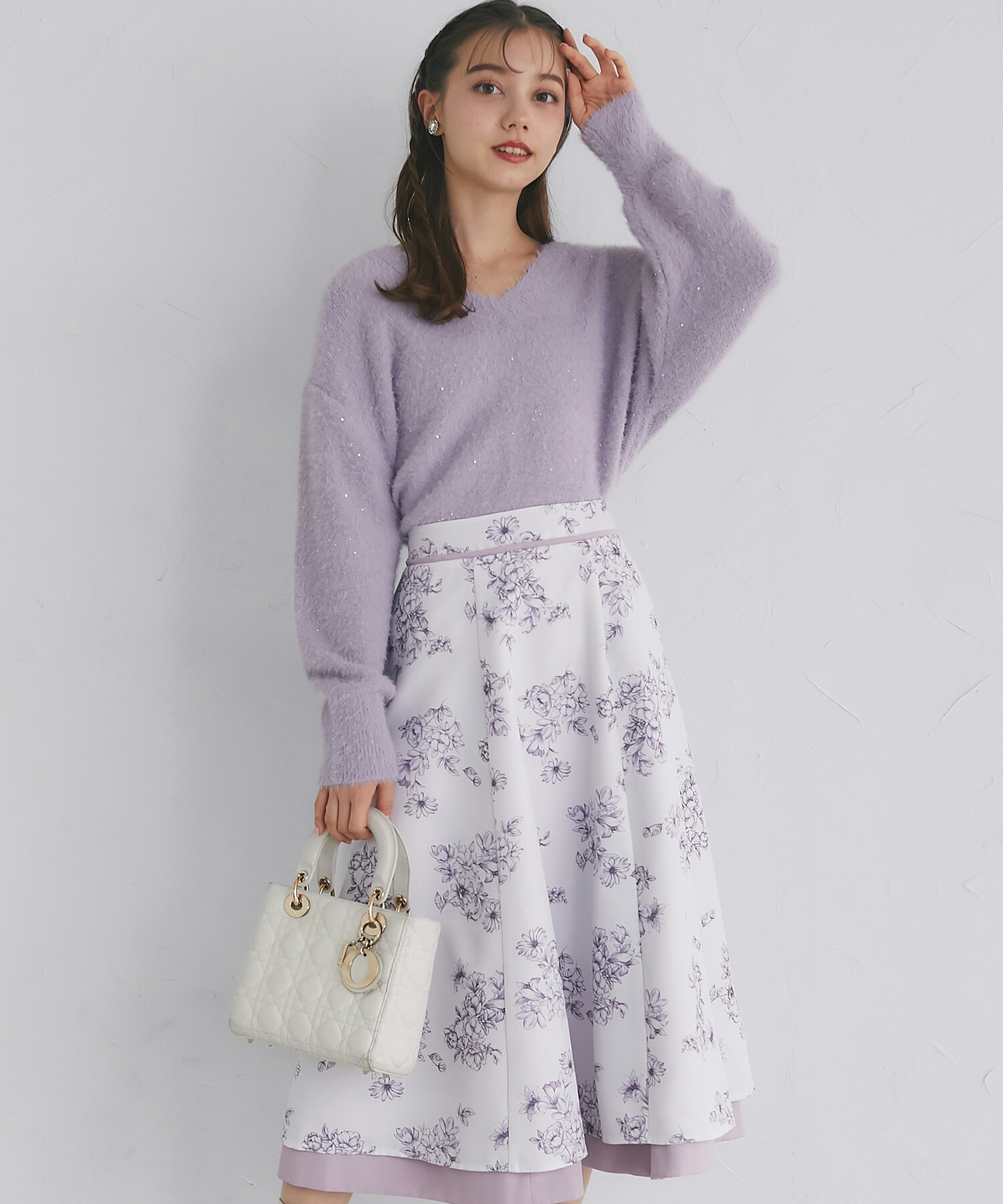 フラワープリント×無地リバーシブルフレアスカート