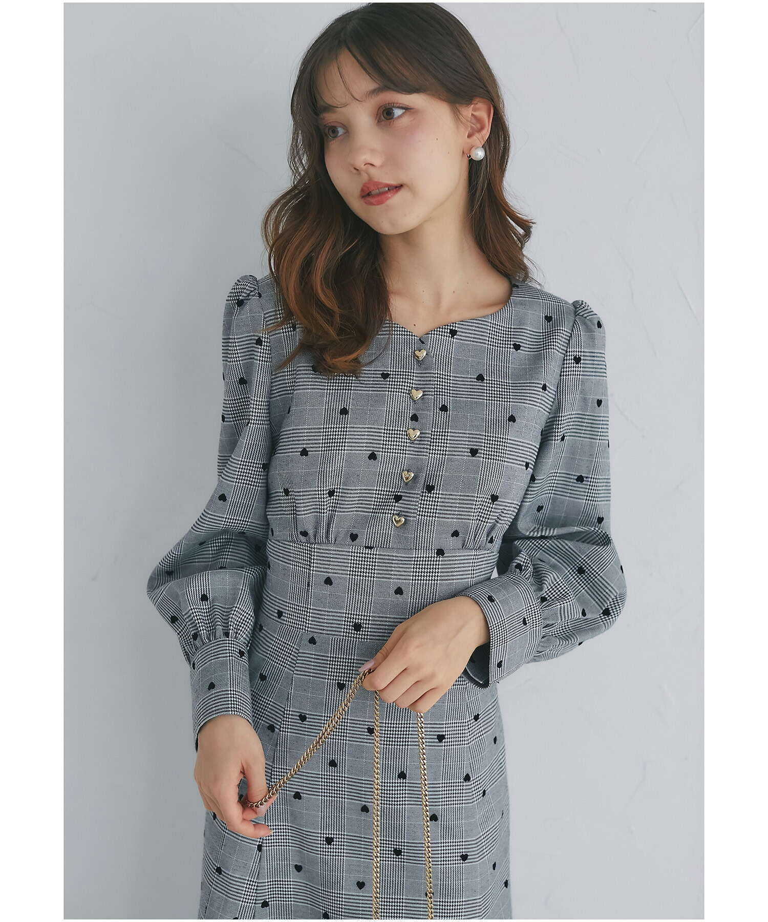 ハート釦バックレースアップハートフロッキー×チェックワンピース