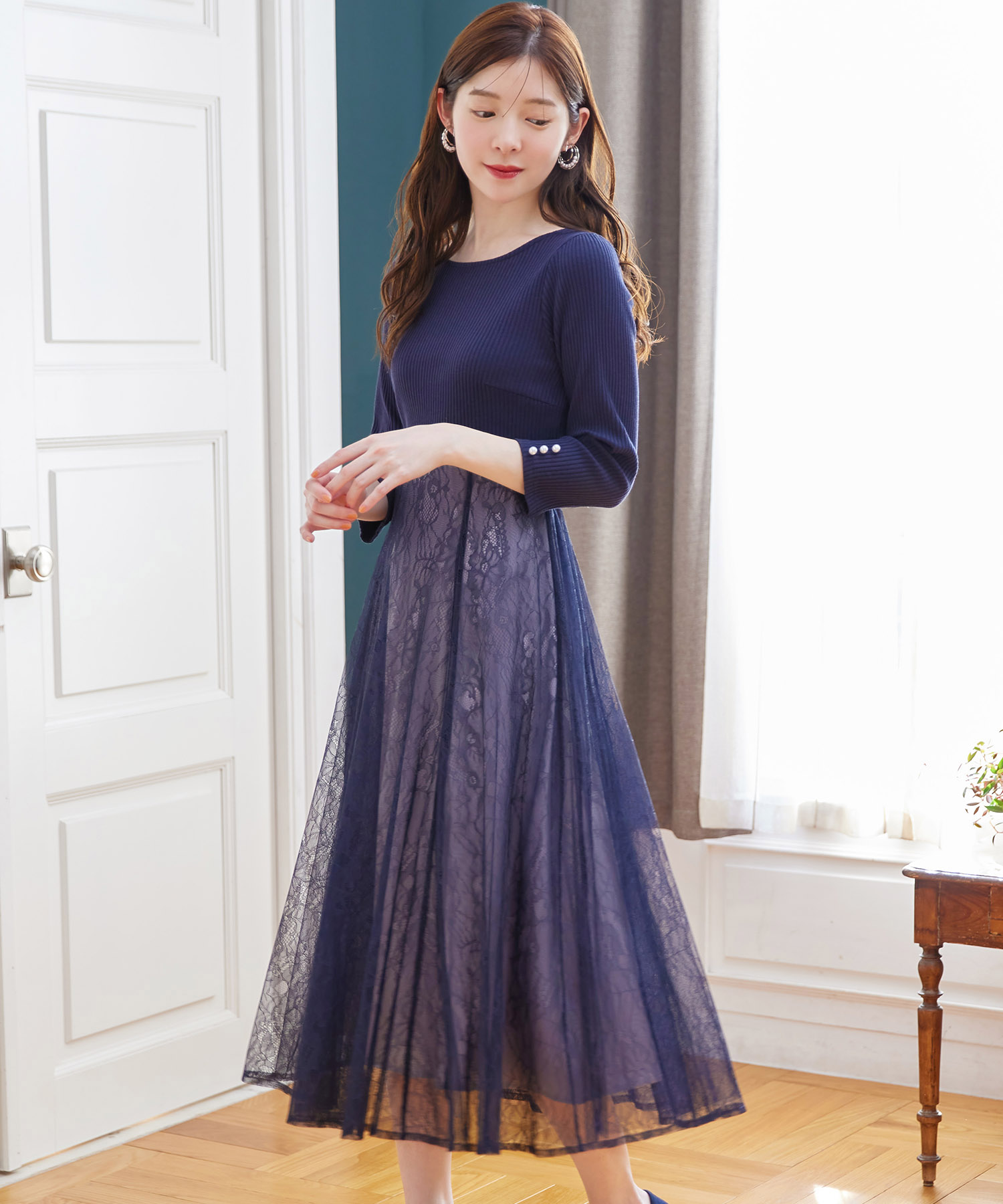 リボン＆パール付きハイウエスト切り替えレースドッキング七分袖ワンピース