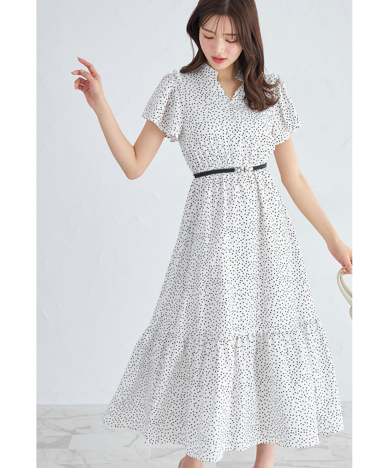 パールビジューベルト付きドットワンピース
