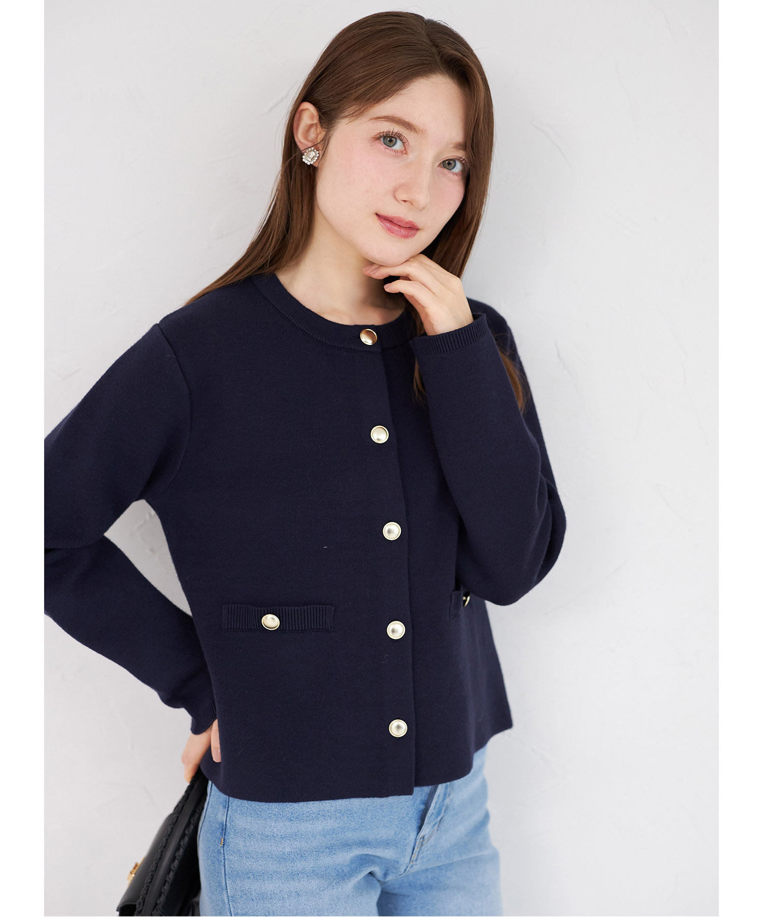 フェイクポケット付きゴールド釦ニットジャケット