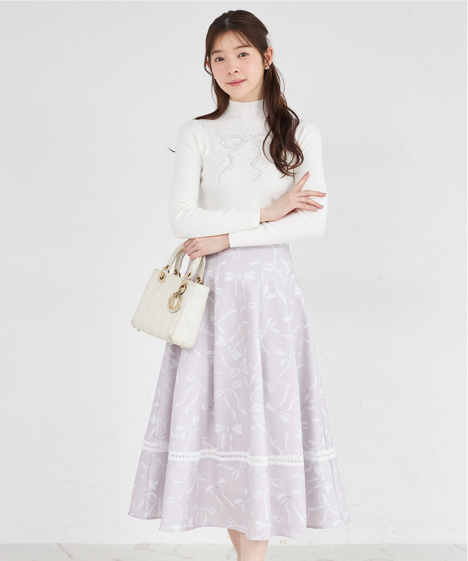 バックレースアップ裾レース装飾リボンプリントツイードライクフレア