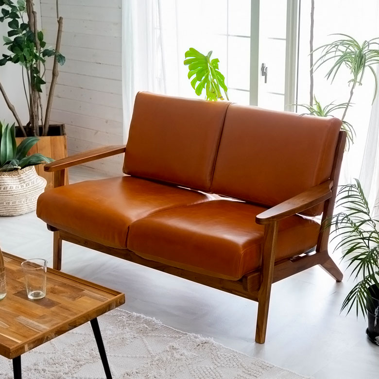 楽天市場】ソファ 2人掛け 本革 木 幅 125cm キャメル ブラウン レザー