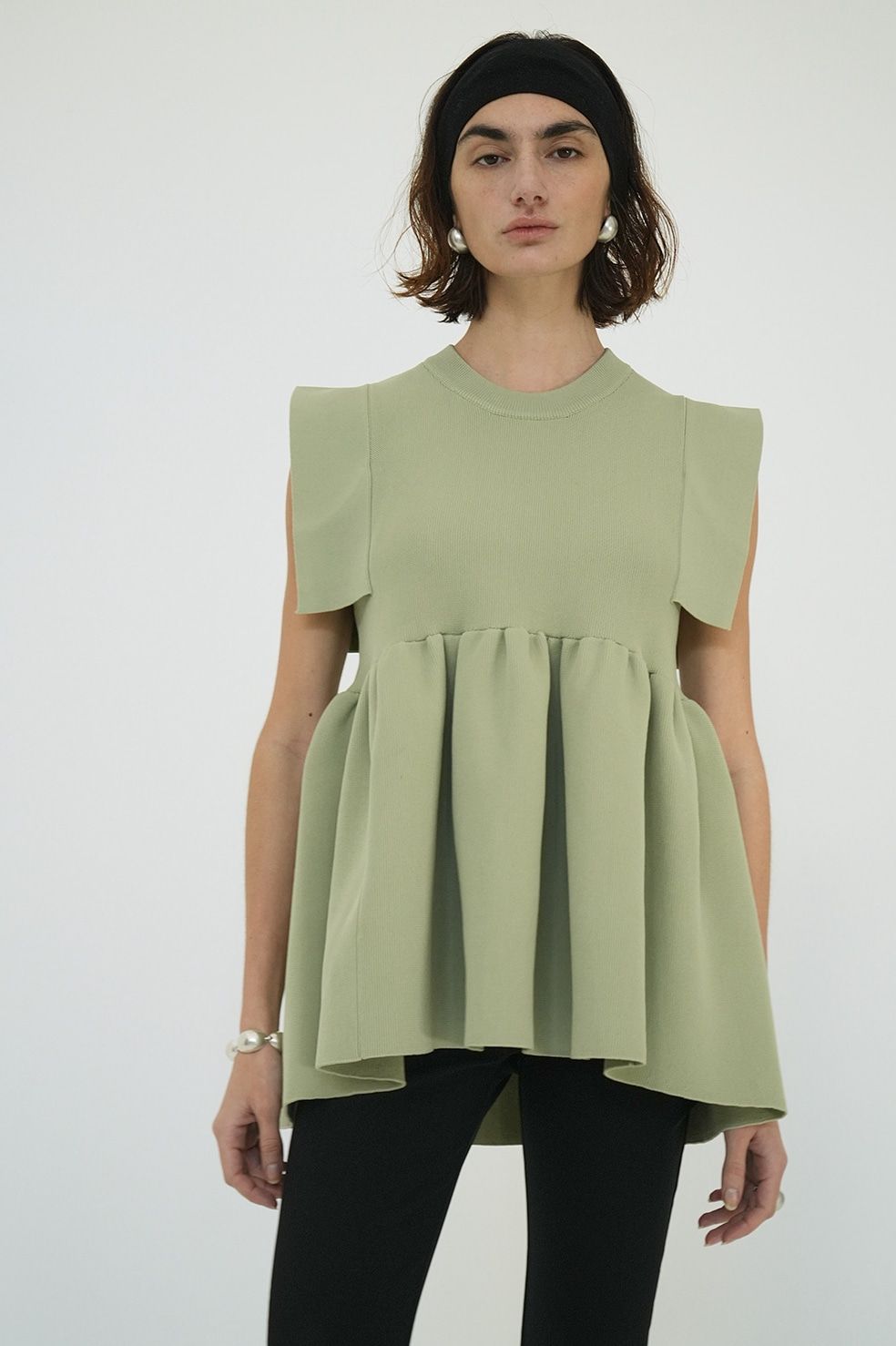 CLANE - 【25SS】 SQUARE SLEEVE GATHER KNIT TOPS - GREEN | スクエア