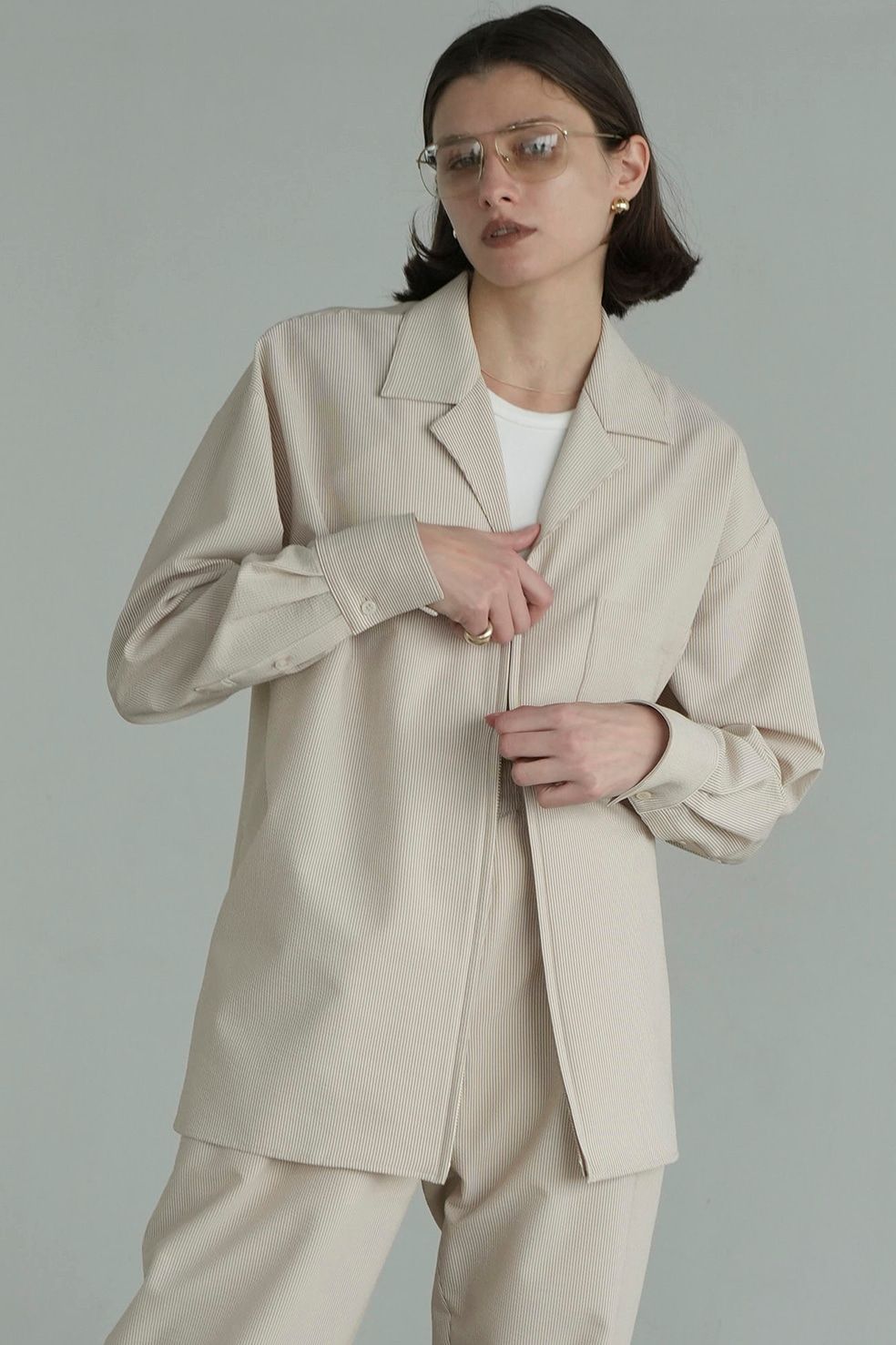 CLANE - サッカーストライプ ジップシャツ - SUCKER STRIPE ZIP SHIRT