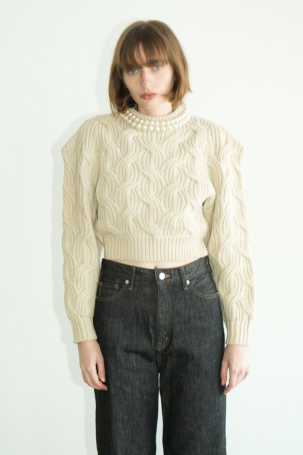 CLANE - パール ニットトップス - PEARL NECK KNIT TOPS - GREY