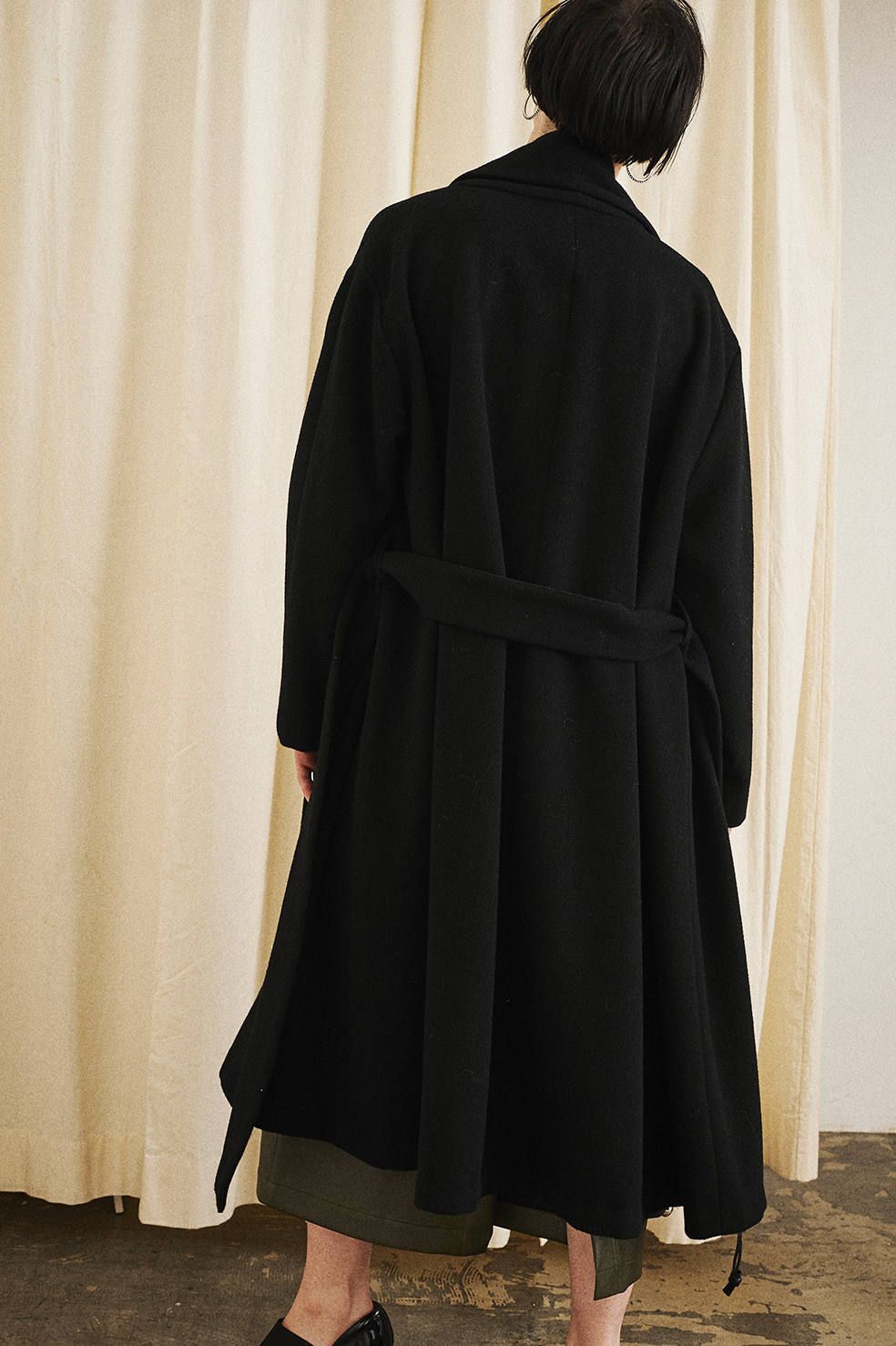 CLANE - ショールカラーフレアコート - SHAWL COLLAR FLARE COAT BLACK