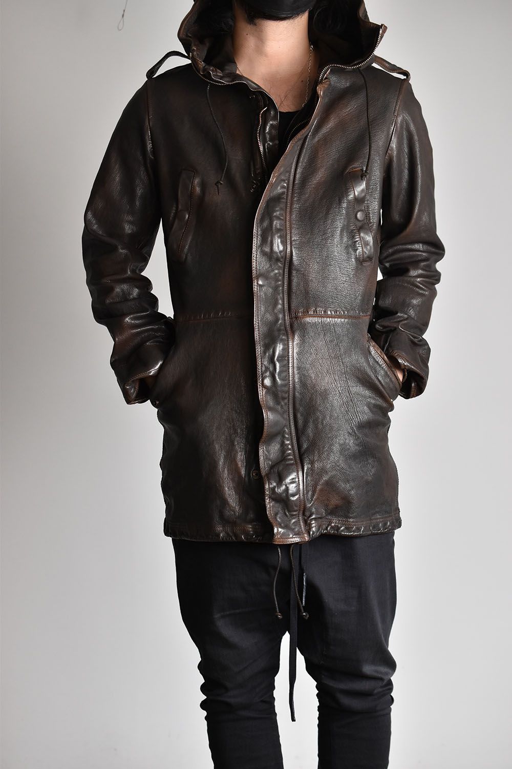 SHELLAC スリム 異素材切り替 ゴートレザー MA-1 ダブルジップ SHELLAC