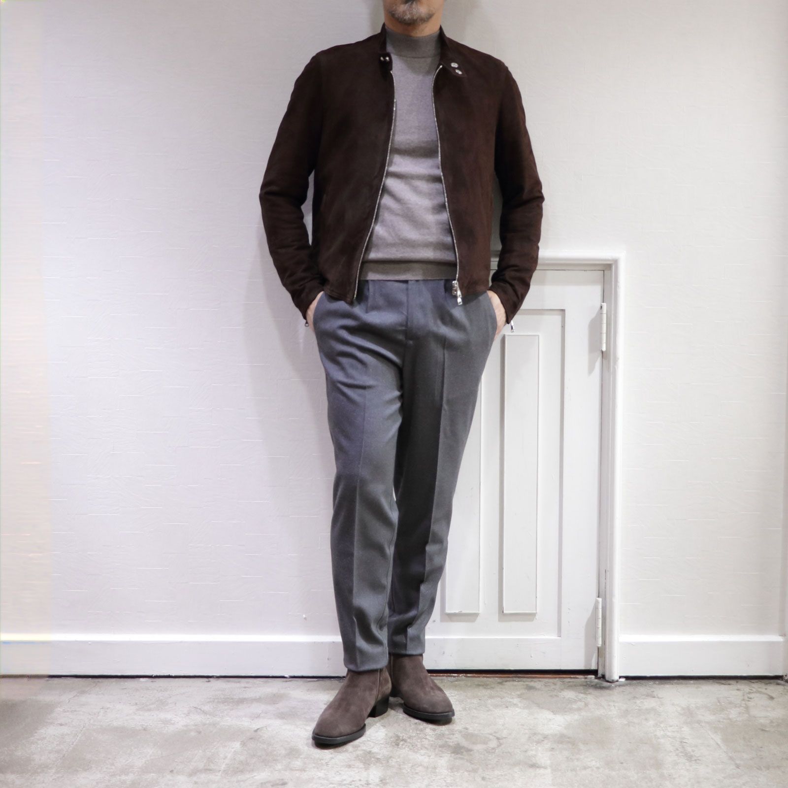 EMMETI - エンメティ スエード ライダースジャケットを使用したちょい