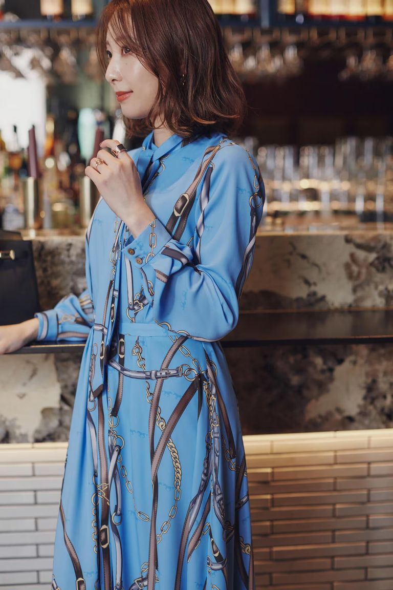 PINKY&DIANNE - スカーフプリントワンピース（ブルー）ポリエステル