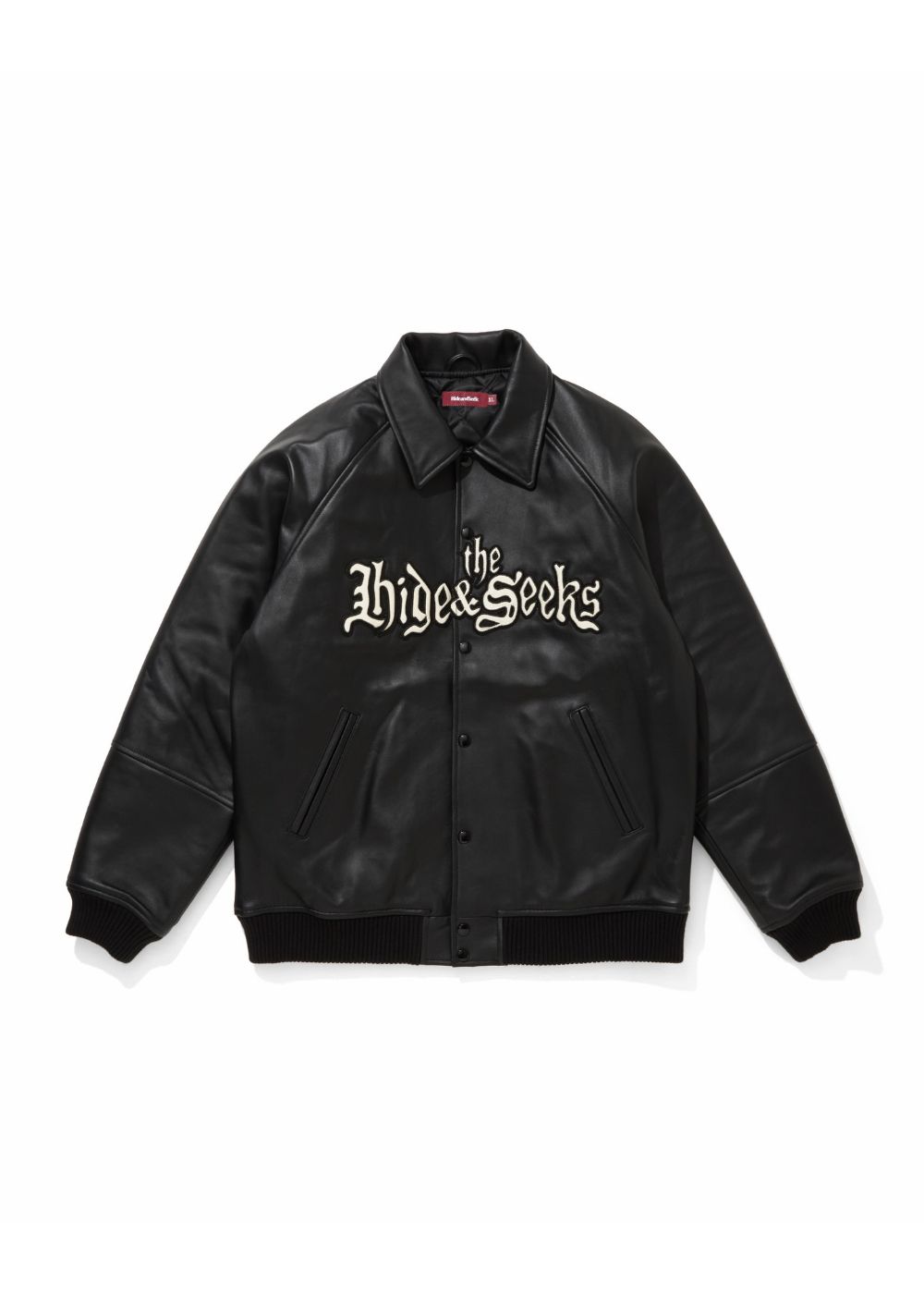 HIDE AND SEEK - Leather Varsity Jacket (BLACK/WHITE) / 西浦徹